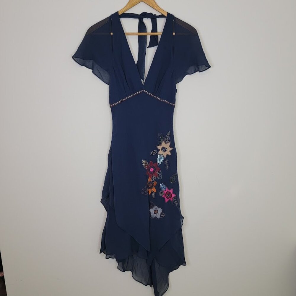 BCBGMaxAzria Navy Asymmetrical Dress with Floral Accents